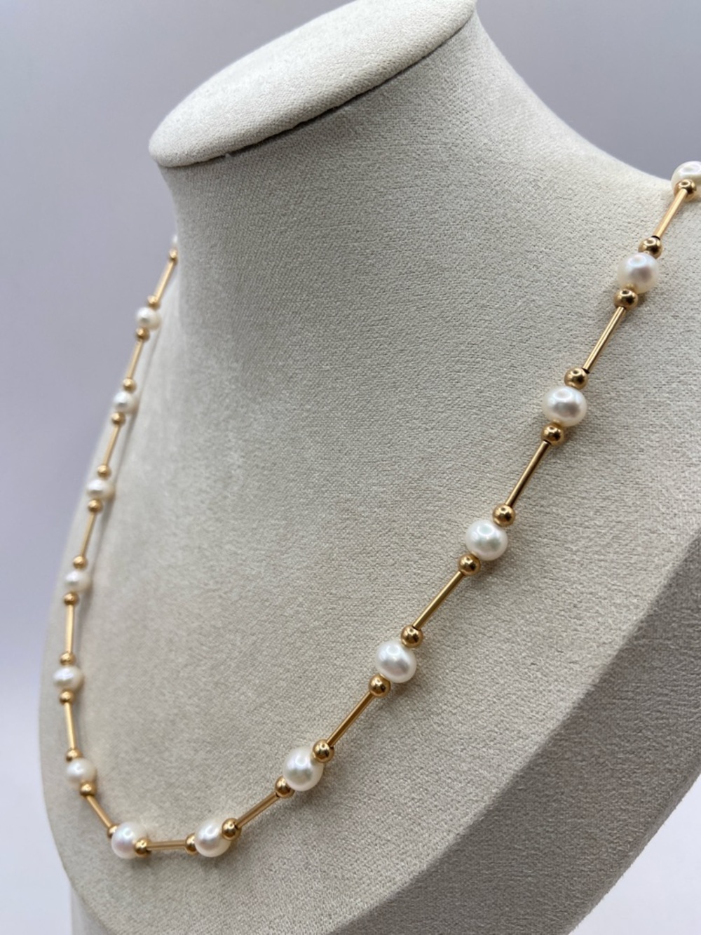 Rare 14K Yellow Gold 5mm Cultured Pearl By The Yard Station Necklace 18”L - Picture 2 of 9